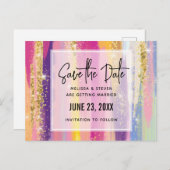 Regenboogstrepen met nepglitters Bewaar de datum Uitnodiging Briefkaart (Voorkant / Achterkant)