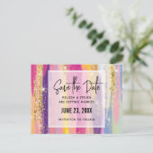 Regenboogstrepen met nepglitters Bewaar de datum Uitnodiging Briefkaart (Staand voorkant)