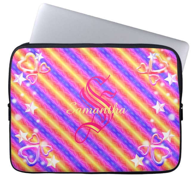 Regenboogstripe monogram Naam Sparkle Hearts Girly Laptop Sleeve (Voorkant)