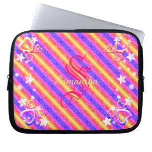 Regenboogstripe monogram Naam Sparkle Hearts Girly Laptop Sleeve