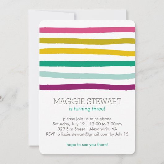 Regenboogstripes Birthday Invitation Kaart (Voorkant)
