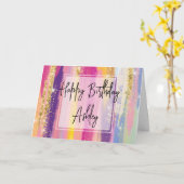Regenboogstrips met faux Glitter Birthday Kaart (Gele Bloem)