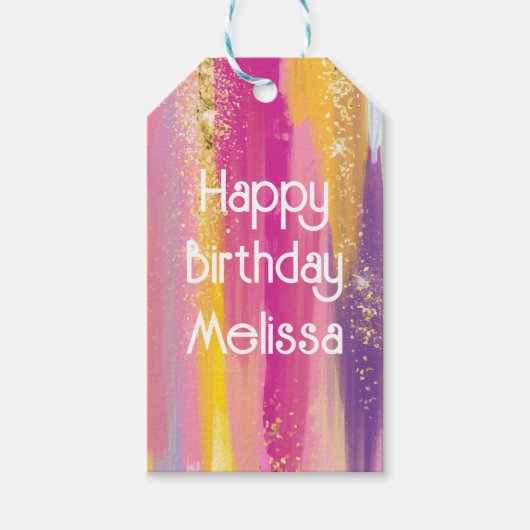 Regenboogstrips met Faux Gold Glitter Birthday Cadeaulabel (Voorkant)
