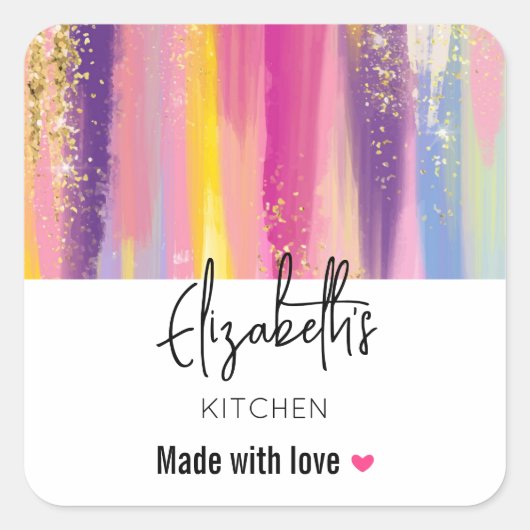 Regenboogstrips met Faux Gold Glitter Kitchen Vierkante Sticker (Voorkant)