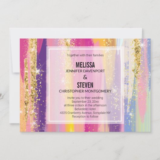 Regenboogstrips met Faux Gold Glitter Wedding Kaart (Voorkant)