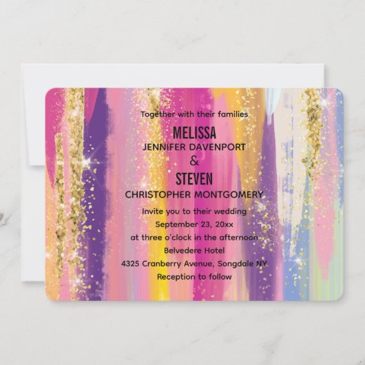 Regenboogstrips met Faux Gold Glitter Wedding Kaart (Voorkant)