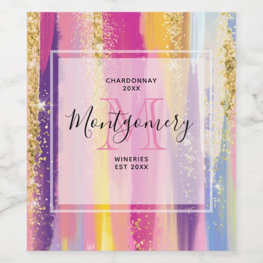 Regenboogstrips met Faux Gold Glitter Wine Making Wijn Etiket (Enkel label)
