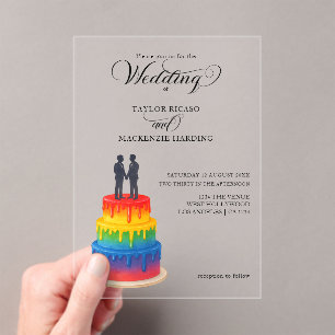 Regenboogtaart en elegant script homohuwelijk acryl uitnodigingen