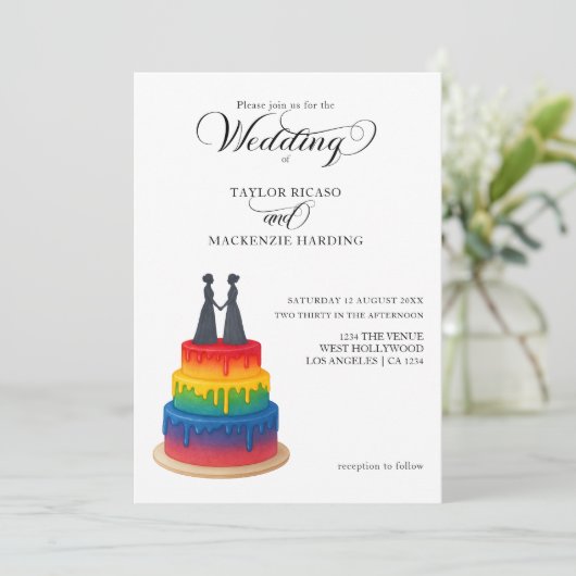 Regenboogtaart en elegant script homohuwelijk kaart (Staand voorkant)