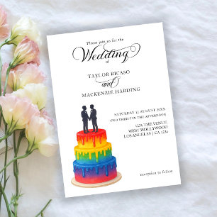 Regenboogtaart en elegant script homohuwelijk kaart