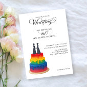 Regenboogtaart en elegant script homohuwelijk kaart