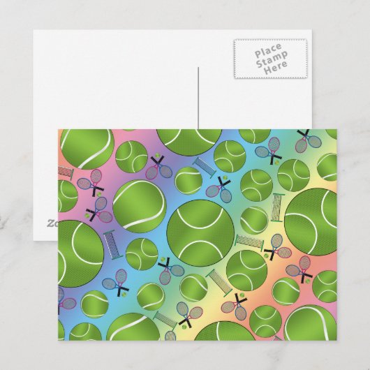 Regenboogtenballen, rackets en netten briefkaart (Voorkant / Achterkant)