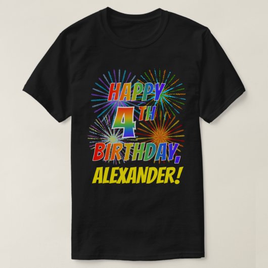 Regenboogtoets HAPPY 4TH BIRTHDAY; Fireworks + naa T-shirt (Design voorkant)