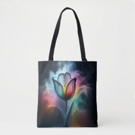 Regenboogtulp met regendruppels tote bag