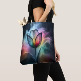 Regenboogtulp met regendruppels tote bag