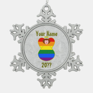 Regenboogvlag Gay Pride Engel Koperkleurig Haar Tin Sneeuwvlok Ornament