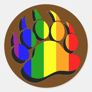 Regenboogvlag met berenpoot en zwarte schaduw ronde sticker