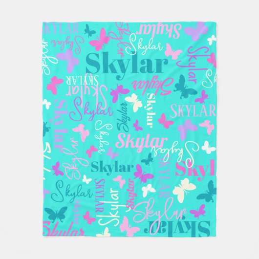 Regenboogvlinder, aangepaste naam aqua Skylar Fleece Deken (Voorkant)