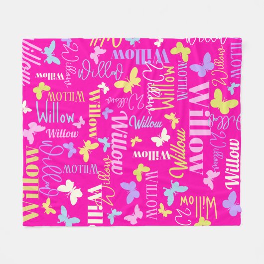 Regenboogvlinders, aangepaste naam Willow hot roze Fleece Deken (Voorkant (Horizontaal))