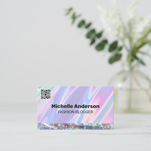 Regenboogvloeistoffen | Glitter Shine | QR-code Visitekaartje (Staand voorkant)