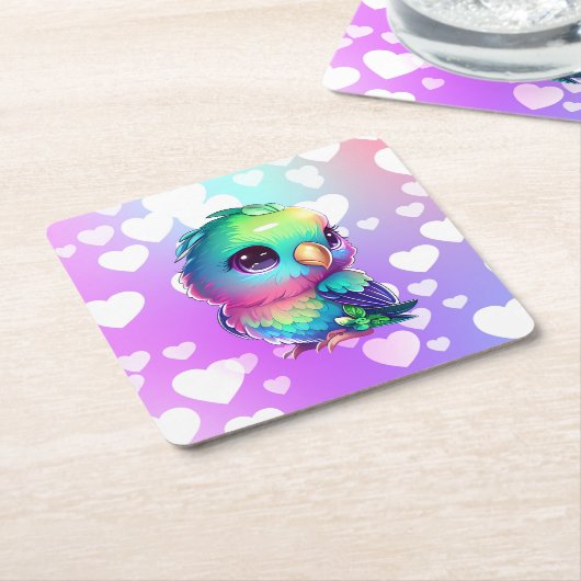 Regenboogvogel en harten kartonnen onderzetters (Schuin)