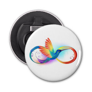 Regenboogvogel met oneindige symbolen button flesopener