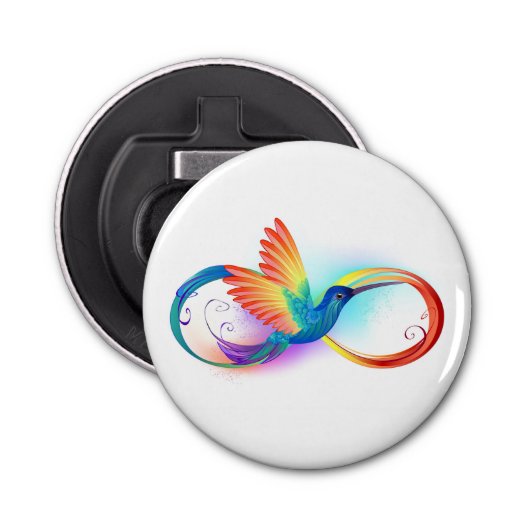 Regenboogvogel met oneindige symbolen button flesopener (Voorkant)