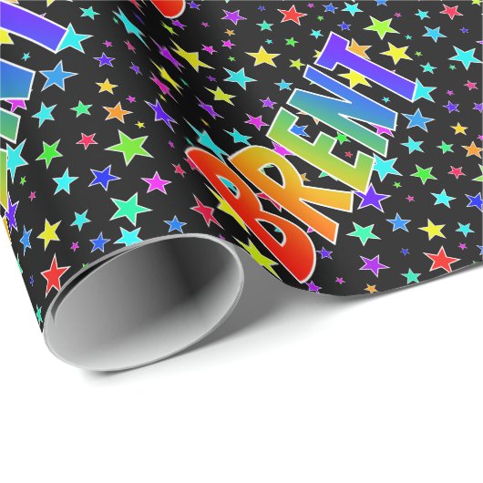 Regenboogvoornaam "BRENT" + sterren Cadeaupapier (Rol Hoek)