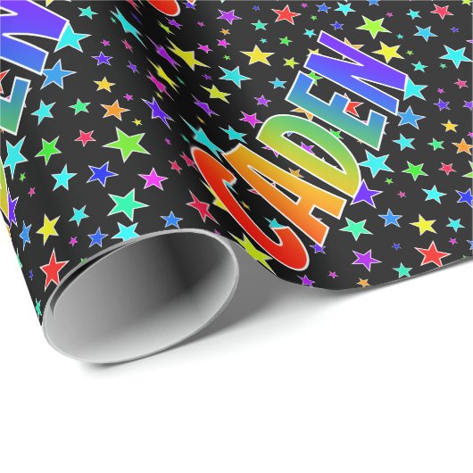 Regenboogvoornaam "CADEN" + sterren Cadeaupapier (Rol Hoek)
