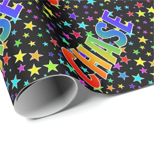 Regenboogvoornaam "CHASE" + sterren Cadeaupapier (Rol Hoek)