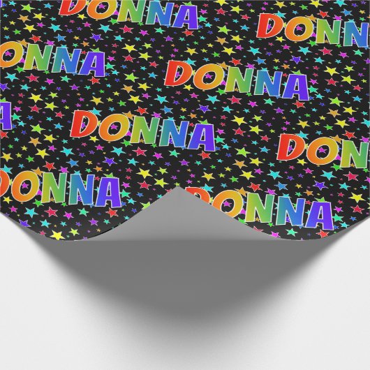Regenboogvoornaam "DONNA" + sterren Cadeaupapier (Hoek)
