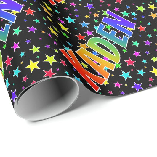 Regenboogvoornaam "KADEN" + sterren Cadeaupapier (Rol Hoek)