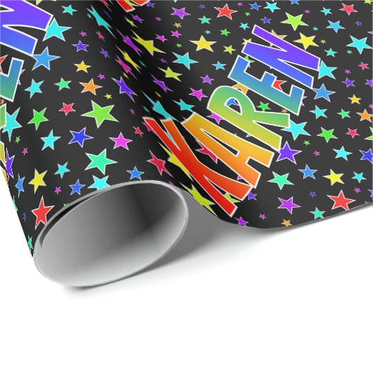 Regenboogvoornaam "KAREN" + sterren Cadeaupapier (Rol Hoek)