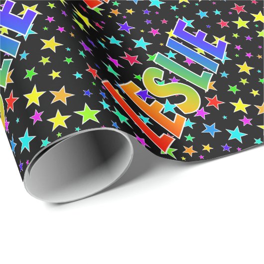 Regenboogvoornaam "LESLIE" + sterren Cadeaupapier (Rol Hoek)