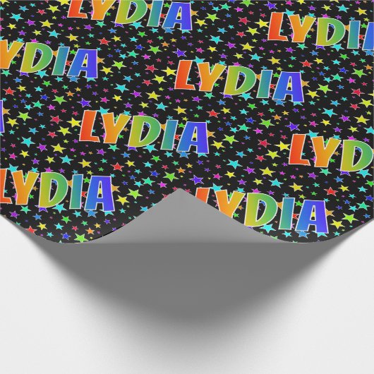 Regenboogvoornaam "LYDIA" + sterren Cadeaupapier (Hoek)