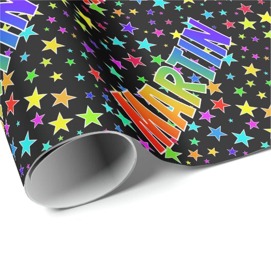 Regenboogvoornaam "MARTIN" + sterren Cadeaupapier (Rol Hoek)