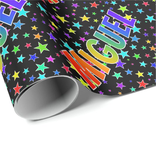 Regenboogvoornaam "MIGUEL" + sterren Cadeaupapier (Rol Hoek)