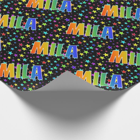 Regenboogvoornaam "MILA" + sterren Cadeaupapier (Hoek)