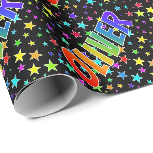 Regenboogvoornaam "OLIVER" + sterren Cadeaupapier (Rol Hoek)