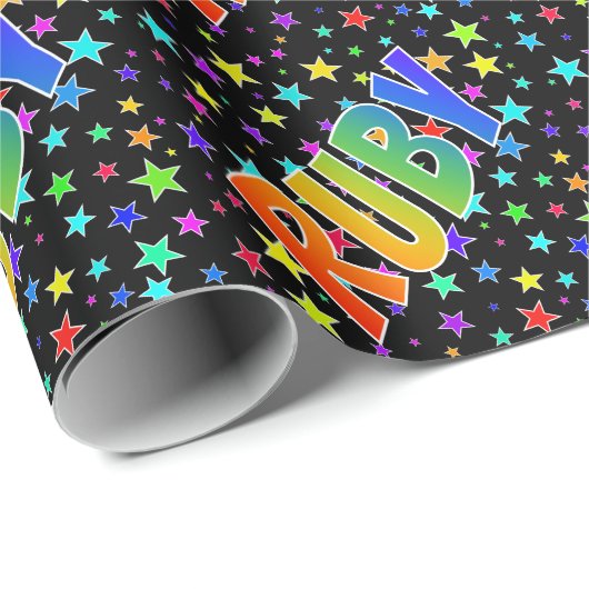 Regenboogvoornaam "RUBY" + sterren Cadeaupapier (Rol Hoek)