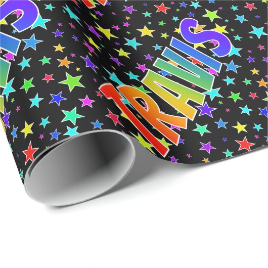 Regenboogvoornaam "TRAVIS" + sterren Cadeaupapier (Rol Hoek)