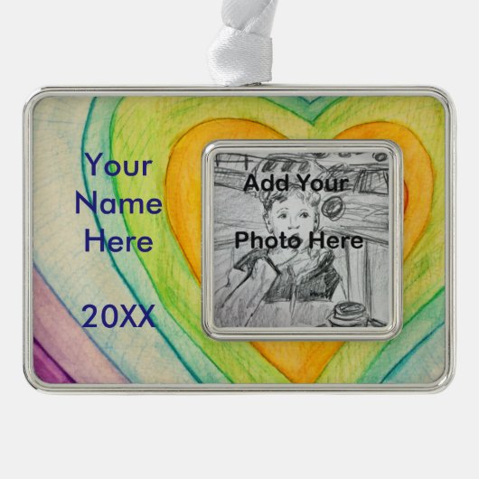 Regenboogvriendschap harten aangepaste kunstversie verzilverd omlijst ornament (Voorkant)