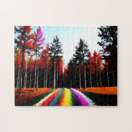 Regenboogweg door betoverd herfstbos legpuzzel