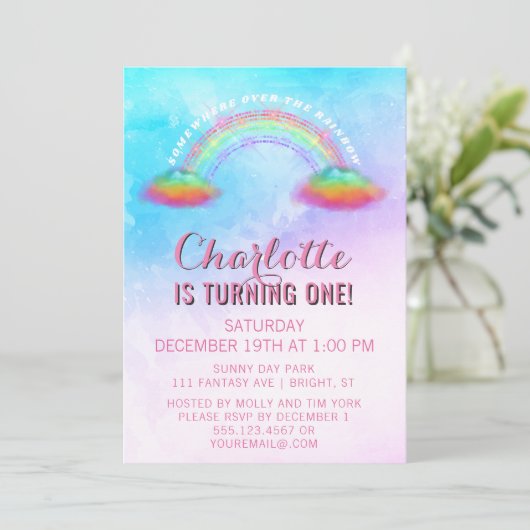 Regenboogwolken meisjes 1e verjaardagsfeest kaart (Staand voorkant)