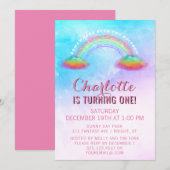 Regenboogwolken meisjes 1e verjaardagsfeest kaart (Voorkant / Achterkant)