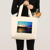 Regenboogzonsonderstel op bergmeer grote tote bag (Voorkant (product))