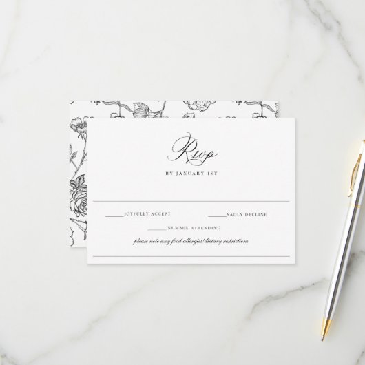 Regency Black Allergy Diet Restricding Wedding RSVP Kaartje (Voorkant / Achterkant in situ)