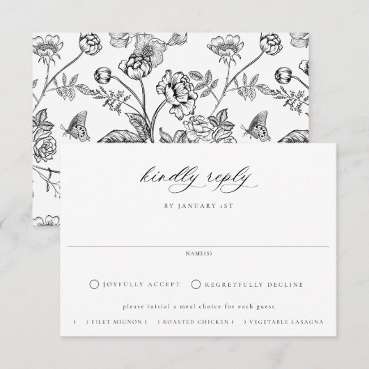 Regency Black Floral Meal Choice Wedding RSVP Kaartje (Voorkant / Achterkant)