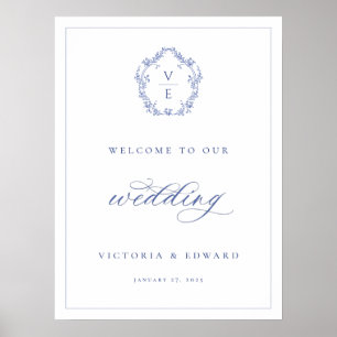 Regency Blau Crest Monogram Huwelijks Welkom Poster