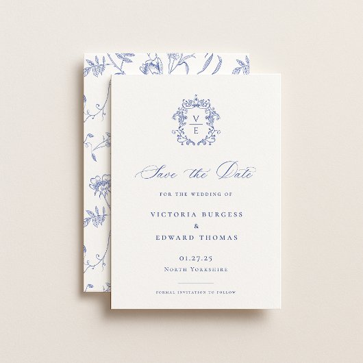 Regency Blau Monogram Wapen Trouwdag Save The Date